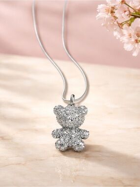 925 chain, Sparkling Silver Teddy Bear Pendant Necklace - Women Jewelry